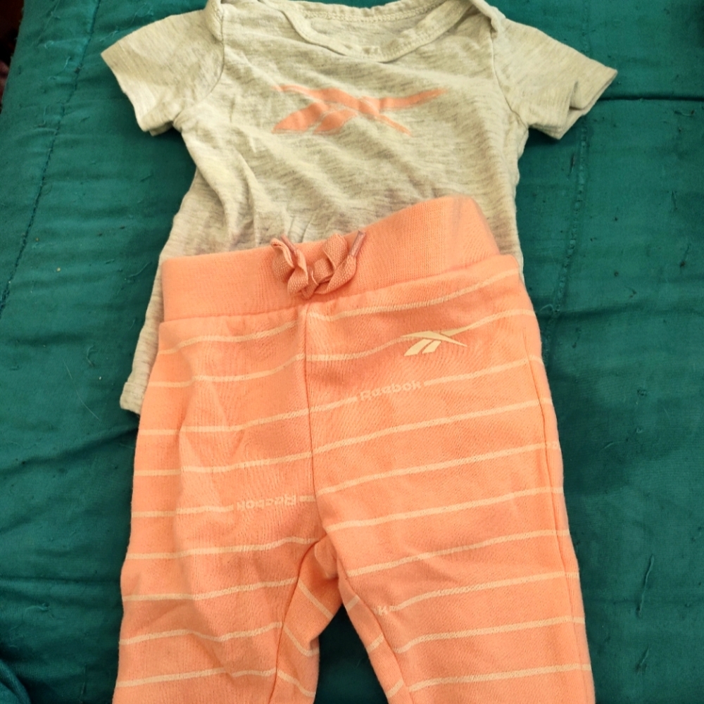 Reebok 2 piece outfit, pink and gray, 0-3 months